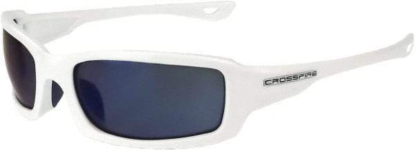 CrossFire - Blue Mirror Lenses, Framed Safety Glasses - Scratch Resistant, White Frame, Size Universal, Wrap Around - Benchmark Tooling