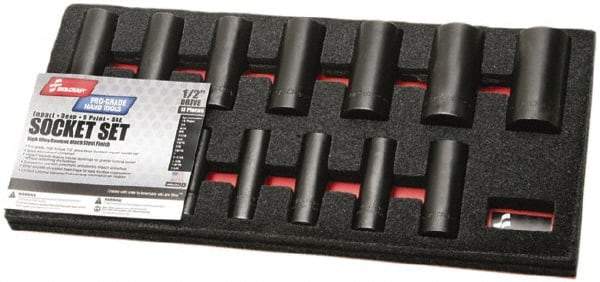 Ability One - 13 Piece 1/2" Drive Deep Well Impact Socket Set - 6 Points, 1/8" to 1-1/4" Range, Inch Measurement Standard - Benchmark Tooling