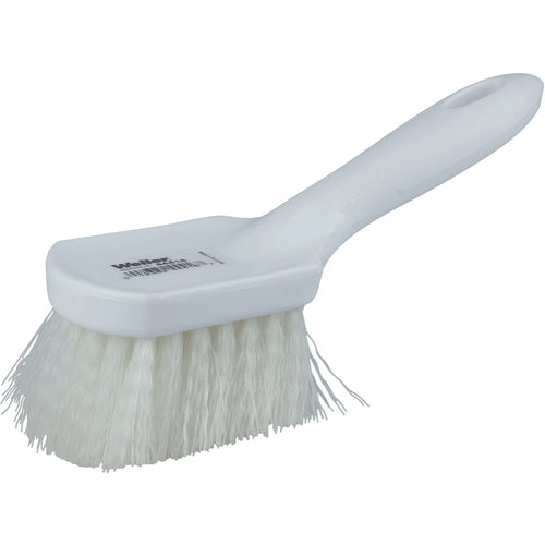 8″ Utility Scrub Brush, White Nylon Fill, Short Handle, Plastic Block - Benchmark Tooling