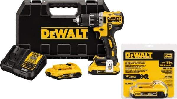 DeWALT - 20 Volt 1/2" Chuck Mid-Handle Cordless Drill - 0-500 & 0-2000 RPM, Keyless Chuck, Reversible, 3 Lithium-Ion Batteries Included - Benchmark Tooling