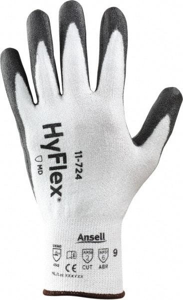 Ansell - Size M (8), ANSI Cut Lvl 2, Abrasion Lvl 6, Polyurethane Coated Cut Resistant Gloves - 9" Long, Palm & Fingertips Coated, Intercept Technology Yarn Lining, Knit Wrist, White/Gray, Paired - Benchmark Tooling