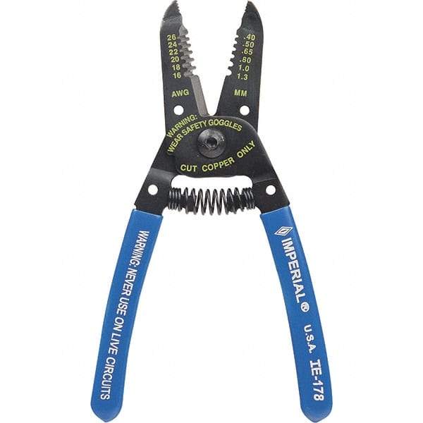 Imperial - 16 to 26 AWG Capacity Wire Stripper/Cutter - 6" OAL, Hardened Steel with Cushion Grip Handle - Benchmark Tooling