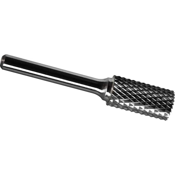 Made in USA - 5/16" Cut Diam, 1/4" Shank Diam, Cylinder with End Cut Head Diamond Cut Burr - Carbide, 3/4" LOC, 2-1/2" OAL - Benchmark Tooling