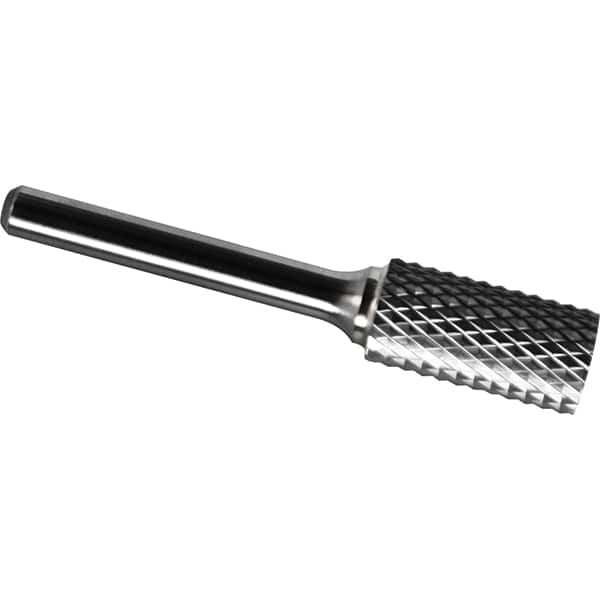 Made in USA - 5/8" Cut Diam, 1/4" Shank Diam, Cylinder Head Diamond Cut Burr - Carbide, 1" LOC, 2-3/4" OAL - Benchmark Tooling