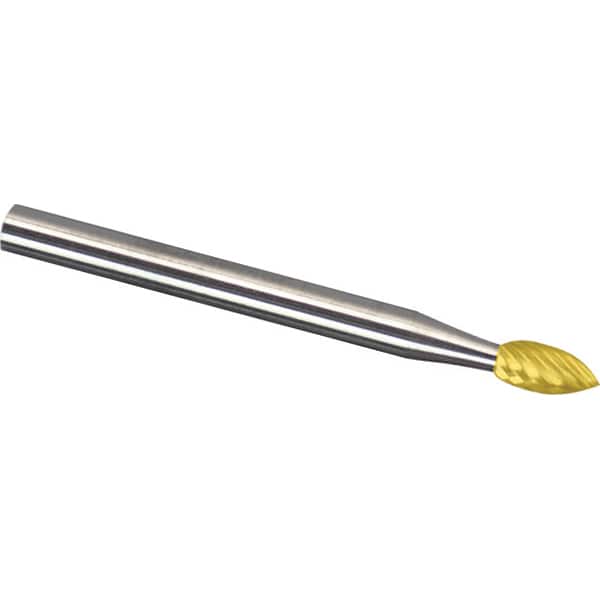 Made in USA - 3mm Cut Diam, 0.1181" Shank Diam, Flame Head Double Cut Burr - Carbide, 6.3mm LOC, 75mm OAL - Benchmark Tooling