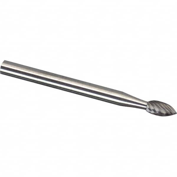 Made in USA - 1/8" Cut Diam, 1/8" Shank Diam, Flame Head Aluma Cut Burr - Carbide, 1/4" LOC, 1-1/2" OAL - Benchmark Tooling