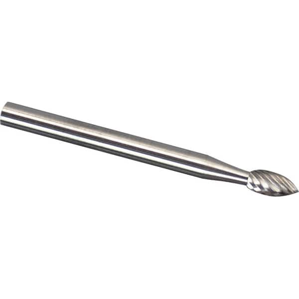 Made in USA - 3mm Cut Diam, 0.1181" Shank Diam, Flame Head Single Cut Burr - Carbide, 6.3mm LOC, 75mm OAL - Benchmark Tooling