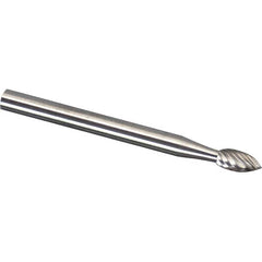 Made in USA - 3mm Cut Diam, 0.1181" Shank Diam, Flame Head Diamond Cut Burr - Carbide, 6.3mm LOC, 38mm OAL - Benchmark Tooling