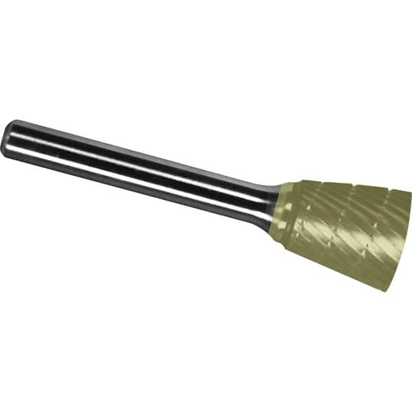 Made in USA - 1/8" Cut Diam, 1/8" Shank Diam, Inverted Cone Head Chipbreaker Cut Burr - Carbide, 3/16" LOC, 3" OAL - Benchmark Tooling