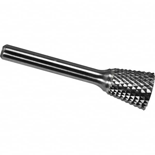 Made in USA - 1/8" Cut Diam, 1/8" Shank Diam, Inverted Cone Head Diamond Cut Burr - Carbide, 3/16" LOC, 3" OAL - Benchmark Tooling