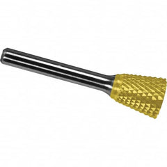 Made in USA - 1/8" Cut Diam, 1/8" Shank Diam, Inverted Cone Head Diamond Cut Burr - Carbide, 3/16" LOC, 3" OAL - Benchmark Tooling