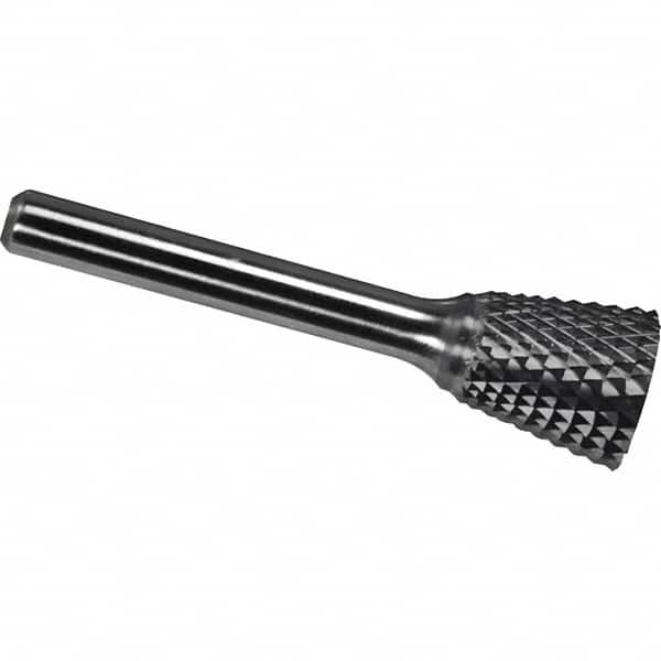 Made in USA - 16mm Cut Diam, 0.2362" Shank Diam, Inverted Cone Head Diamond Cut Burr - Carbide, 19mm LOC, 64mm OAL - Benchmark Tooling