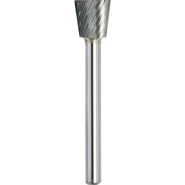 Made in USA - 3/4" Cut Diam, 1/4" Shank Diam, Inverted Cone Head Single Cut Burr - Carbide, 5/8" LOC, 2-3/8" OAL - Benchmark Tooling