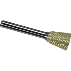 Made in USA - 1/2" Cut Diam, 0.2362" Shank Diam, Inverted Cone Head Diamond Cut Burr - Carbide, 12.7mm LOC, 57.7mm OAL - Benchmark Tooling