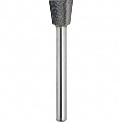 Made in USA - 5/8" Cut Diam, 1/4" Shank Diam, Inverted Cone Head Single Cut Burr - Carbide, 5/8" LOC, 2-3/8" OAL - Benchmark Tooling