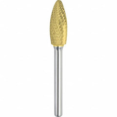 Made in USA - 3/4" Cut Diam, 1/4" Shank Diam, Flame Head Double Cut Burr - Carbide, 1-5/8" LOC, 3-3/8" OAL - Benchmark Tooling