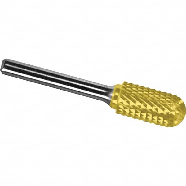 Made in USA - 5/16" Cut Diam, 1/4" Shank Diam, Cylinder with Radius Head Diamond Cut Burr - Carbide, 3/4" LOC, 2-1/2" OAL - Benchmark Tooling