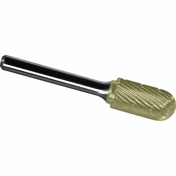 Made in USA - 3/4" Cut Diam, 1/4" Shank Diam, Cylinder with Radius Head Chipbreaker Cut Burr - Carbide, 1" LOC, 2-3/4" OAL - Benchmark Tooling