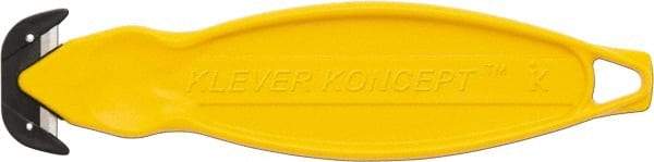 Klever Innovations - Recessed/Hook Blade Box Cutter - 6-1/4" Carbon Steel Blade, Yellow Plastic Handle, 2 Blades Included - Benchmark Tooling