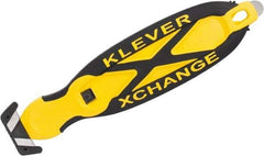 Klever Innovations - Recessed/Hook Blade Box Cutter - 5-3/4" Carbon Steel Blade, Yellow Plastic Handle, 2 Blades Included - Benchmark Tooling