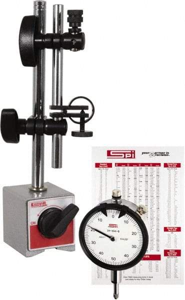 SPI - 0.001" Graduation, Dial Indicator & Base Kit - 2-1/4" Base Length x 2" Base Width x 2-1/8" Base Height - Benchmark Tooling