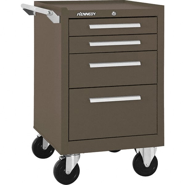 Steel Tool Roller Cabinet: 21″ OAW, 35″ OAH, 20″ OAD, 4 Drawers Powder Coated, Brown, Steel Top, Tubular Key Lock, (2) Fixed & (2) Swivel with Brake