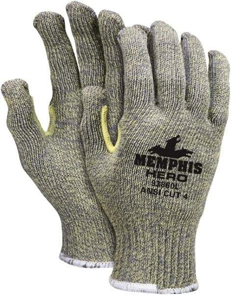 MCR Safety - Size S (7), ANSI Cut Lvl 4, HPPE Fiber/Kevlar/Stainless Steel Cut Resistant Gloves - 9.5" Long, Slip-On Cuff, Yellow/Green, Paired - Benchmark Tooling