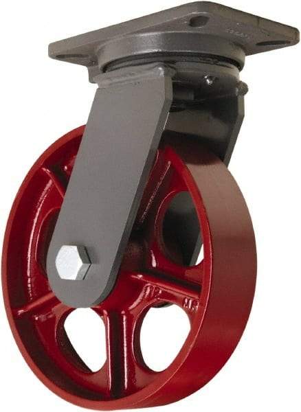 Hamilton - 10" Diam x 2-1/2" Wide x 12-1/2" OAH Top Plate Mount Swivel Caster - Cast Iron, 2,500 Lb Capacity, Straight Roller Bearing, 5-1/4 x 7-1/4" Plate - Benchmark Tooling
