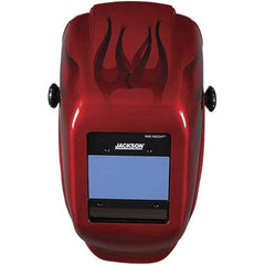 Jackson Safety - 2.36" Window Width x 3.93" Window Height, 9 to 13 Shade Auto-Darkening Lens, Fixed Front Welding Helmet - Red Flames Design, Thermoplastic Green Lens - Benchmark Tooling