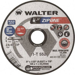 WALTER Surface Technologies - 5" Zirconia Alumina Cutoff Wheel - 1/32" Thick, 7/8" Arbor, 12,200 Max RPM, Use with Angle Grinders - Benchmark Tooling