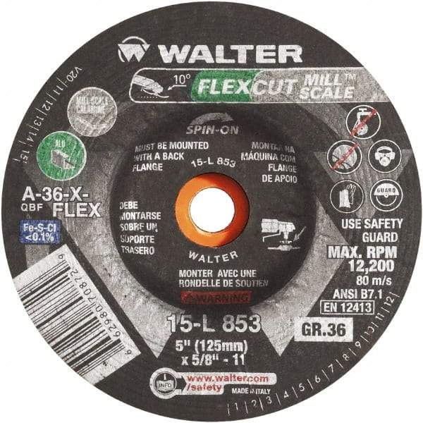 WALTER Surface Technologies - 36 Grit, 7" Wheel Diam, 3/16" Wheel Thickness, 7/8" Arbor Hole, Type 29 Depressed Center Wheel - Aluminum Oxide, 8,600 Max RPM - Benchmark Tooling