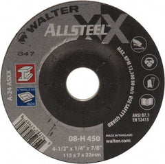 WALTER Surface Technologies - 24 Grit, 4-1/2" Wheel Diam, 1/4" Wheel Thickness, 7/8" Arbor Hole, Type 27 Depressed Center Wheel - Aluminum Oxide, 13,300 Max RPM - Benchmark Tooling