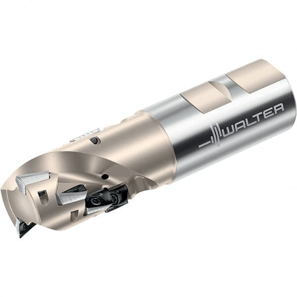 Walter - 1-1/4" Cut Diam, 1.693" Max Depth of Cut, 1-1/4" Shank Diam, 4.801" OAL, Indexable Square Shoulder Helical End Mill - Multiple Insert Styles, Weldon Shank, 90° Lead Angle, Through Coolant, Series Xtra-tec - Benchmark Tooling