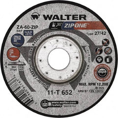 WALTER Surface Technologies - 60 Grit, 5" Wheel Diam, 1/32" Wheel Thickness, 7/8" Arbor Hole, Type 27 Depressed Center Wheel - Zirconia Alumina, Resinoid Bond, 12,200 Max RPM - Benchmark Tooling
