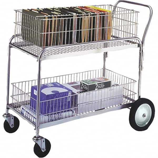 Wesco Industrial Products - 250 Lb Capacity, 36" Wide x 11" Long x 17-1/4" High Mail Cart - 2 Shelf, Steel, Hard Rubber Casters - Benchmark Tooling