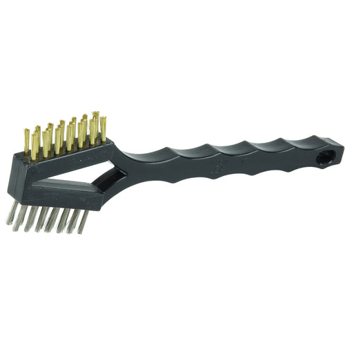 Double Sided V-Shape Scratch Brush, .006 Brass and .006 Stainless Steel Fill, Plastic Block,3 × 7 Rows - Benchmark Tooling