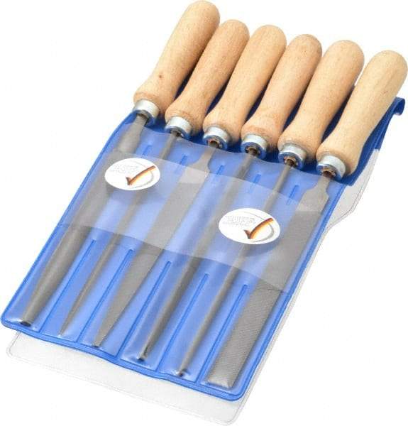 PFERD - 6 Piece Key File Kit Pattern File Set - 4" Long, Medium Coarseness, Set Includes Hand, Flat, Three Square, Square, Half Round, Round - Benchmark Tooling