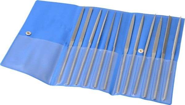 PFERD - 12 Piece Needle Pattern File Set - 6-1/4" Long, 0 Coarseness, Set Includes Flat, Hand, Crossing, Three Square, Square, Round, Half Round, Knife, Barrette, Flat with Round Edges, Crossing Oval - Benchmark Tooling