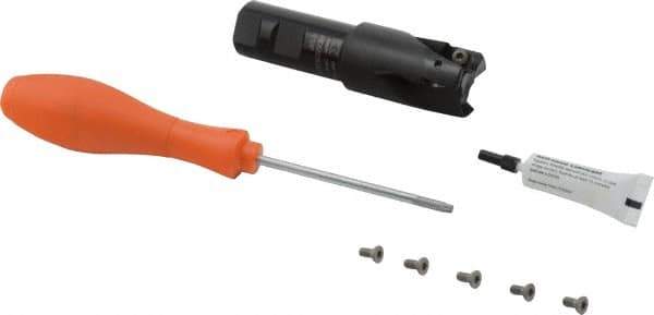 Kennametal - 1-1/4" Cut Diam, 18.03mm Max Depth of Cut, 1" Shank Diam, 115.06mm OAL, Indexable Square Shoulder Helical End Mill - E.. 18.. Inserts, Weldon Shank, 0° Lead Angle, Through Coolant, Series Mill 1-18 - Benchmark Tooling