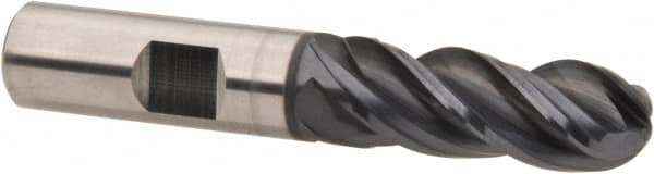 OSG - 1" Diam, 1-1/2" LOC, 4 Flute Solid Carbide Ball End Mill - TiAlN Finish, Single End, 4" OAL, 1" Shank Diam, Spiral Flute - Benchmark Tooling