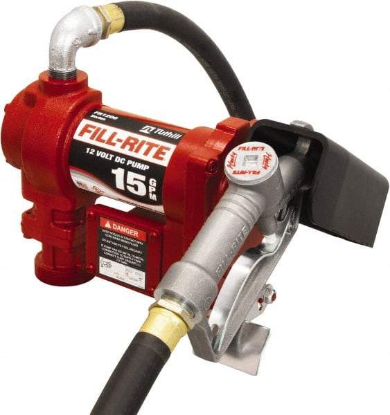 Tuthill - 15 GPM, 3/4" Hose Diam, DC Tank Pump with Manual Nozzle - 1" Inlet, 3/4" Outlet, 12 Volts, 12' Hose Length, 1/4 hp - Benchmark Tooling