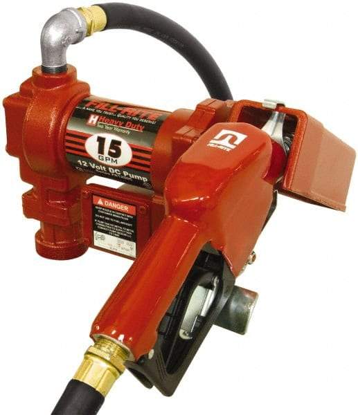 Tuthill - 15 GPM, 3/4" Hose Diam, DC Tank Pump with Automatic Nozzle - 1" Inlet, 3/4" Outlet, 12 Volts, 12' Hose Length, 1/4 hp - Benchmark Tooling