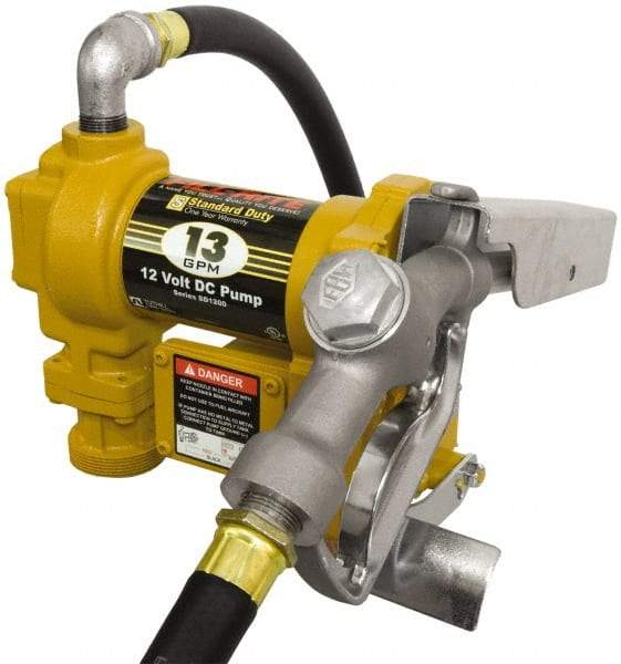 Tuthill - 13 GPM, 3/4" Hose Diam, DC Tank Pump with Manual Nozzle - 1" Inlet, 3/4" Outlet, 12 Volts, 10' Hose Length, 1/4 hp - Benchmark Tooling