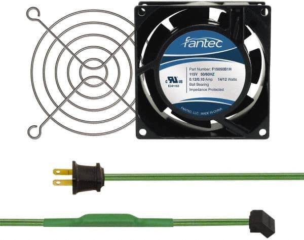 Made in USA - 115 Volts, AC, 31 CFM, Square Tube Axial Fan Kit - 0.18 Amp Rating, 3.15" High x 3" Wide x 38.5mm Deep, Includes Fan, Fan Guard, Thermostatically Controlled Fan Cord - Benchmark Tooling