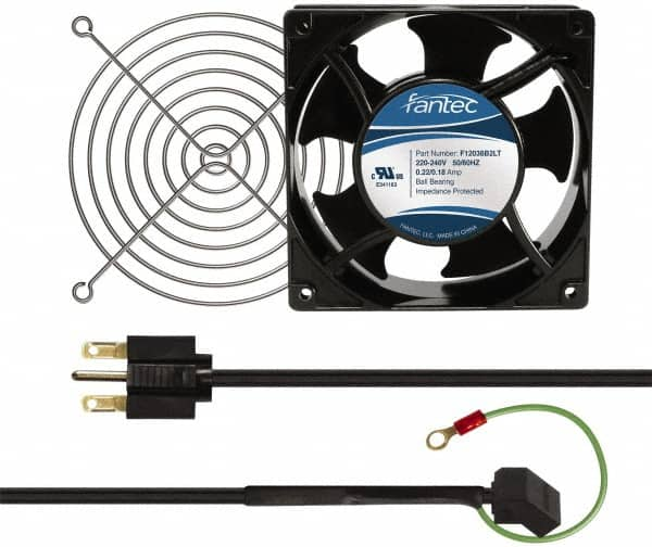 Made in USA - 230 Volts, AC, 103 CFM, Square Tube Axial Fan Kit - 0.12 Amp Rating, 120mm High x 120mm Wide x 38.5mm Deep, Includes Fan, Fan Filter, Fan Cord - Benchmark Tooling