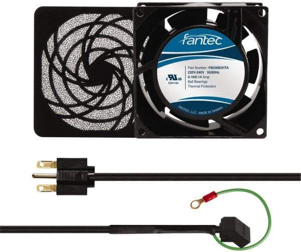 Made in USA - 230 Volts, AC, 32 CFM, Square Tube Axial Fan Kit - 0.06/0.05 Amp Rating, 3.15" High x 3" Wide x 38.5mm Deep, Includes Fan, Fan Guard, Fan Cord - Benchmark Tooling