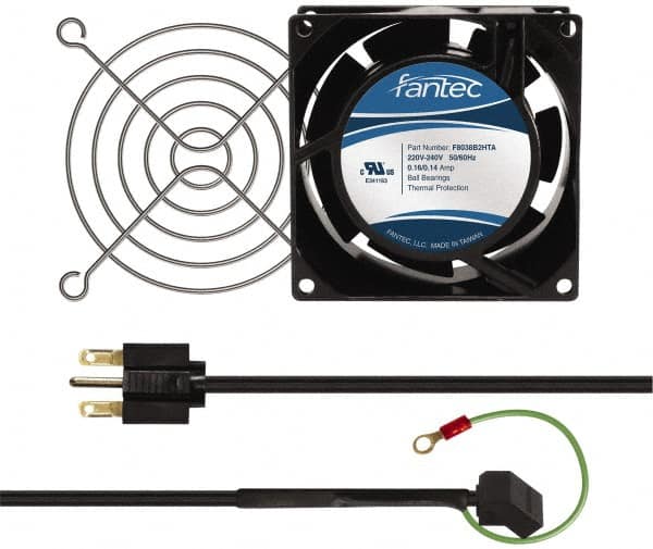 Made in USA - 230 Volts, AC, 32 CFM, Square Tube Axial Fan Kit - 0.06/0.05 Amp Rating, 3.15" High x 3" Wide x 38.5mm Deep, Includes Fan, Fan Filter, Fan Cord - Benchmark Tooling