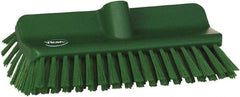 Vikan - 1-1/2" Bristle Length, Polyester Cleaning & Finishing Brush - 9-5/8" Long x 5" Wide Head, 10" OAL, European Threaded Handle, Green, Polypropylene Block - Benchmark Tooling