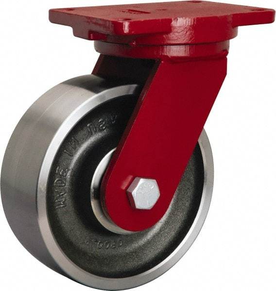 Hamilton - 8" Diam x 3" Wide x 10-1/2" OAH Top Plate Mount Swivel Caster - Forged Steel, 4,000 Lb Capacity, Sealed Precision Ball Bearing, 6-1/8 x 7-1/2" Plate - Benchmark Tooling