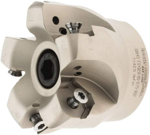 Iscar - 2.37" Cut Diam, 3/4" Arbor Hole, 0.18" Max Depth of Cut, 50° Lead Angle Indexable Chamfer & Angle Face Mills - 5 Inserts, Insert Style IQ845 SYHU 07.., Right Hand Cut, Through Coolant, Series DoveIQMill - Benchmark Tooling